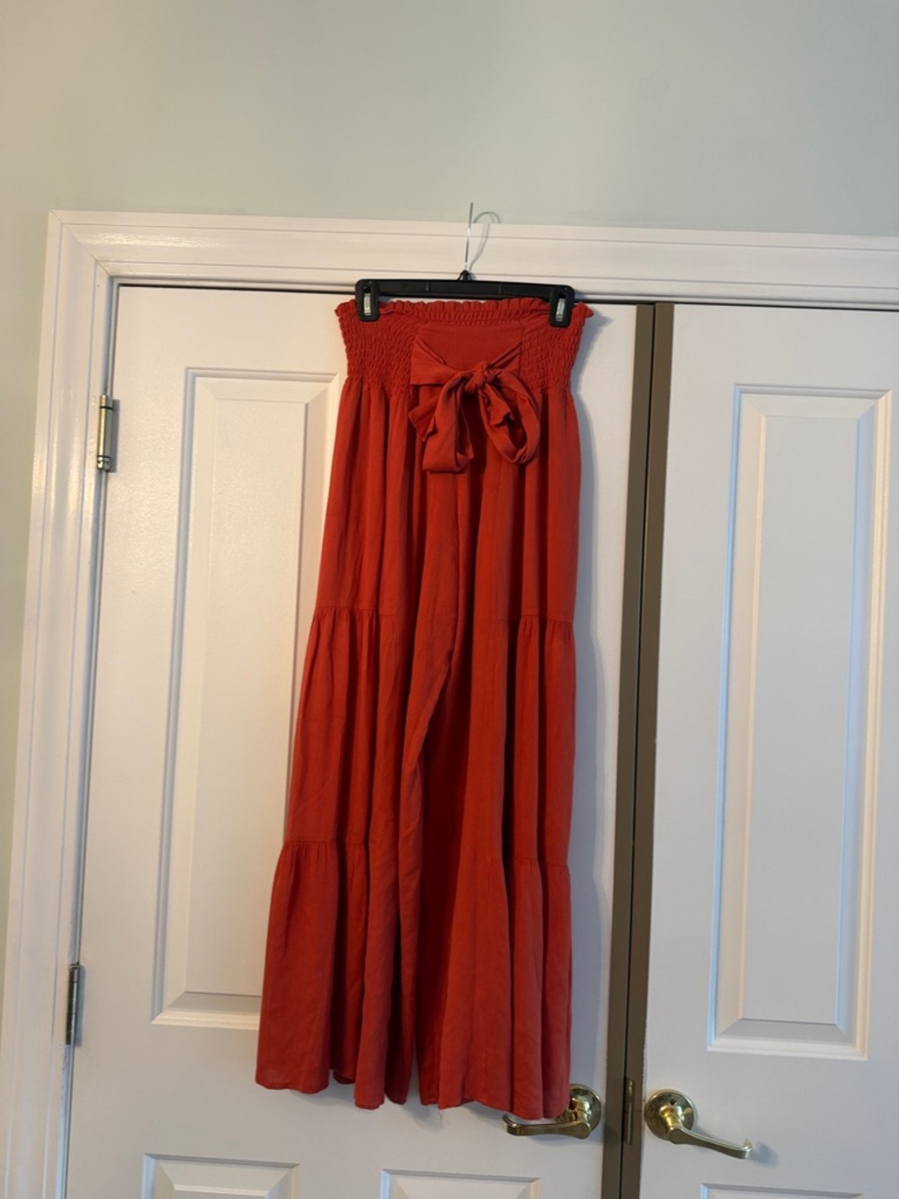 Smocked Waist Wide-Leg pants  in Rust Red/orange with Front Tie